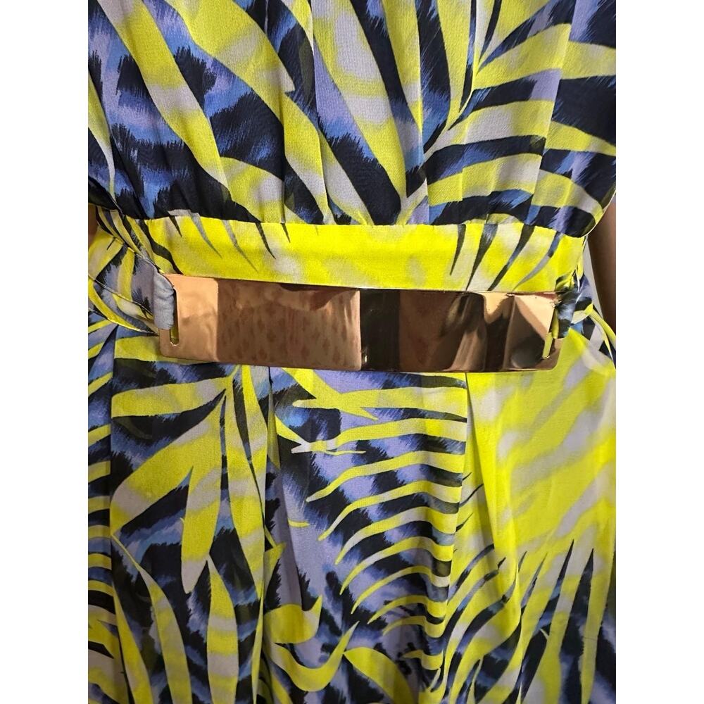 GUESS by Marciano Womens L Tropical Halter Maxi Dress Gold Belt Blue Yellow - Picture 10 of 13